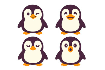 Adorable baby penguin characters displaying four different facial expressions and moods