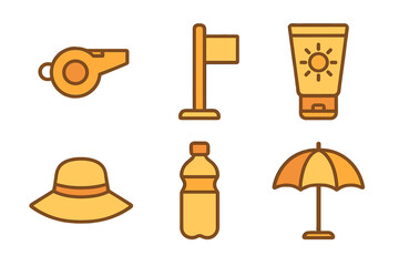 Essential summer and beach equipment set including sun protection, hydration, and safety gear