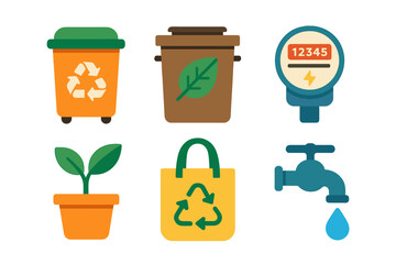 Environmental conservation and utility icons set featuring recycling, compost, electric meter, and water faucet symbols