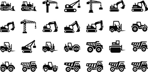 Collection of various construction vehicles and heavy machinery icons isolated on transparent background