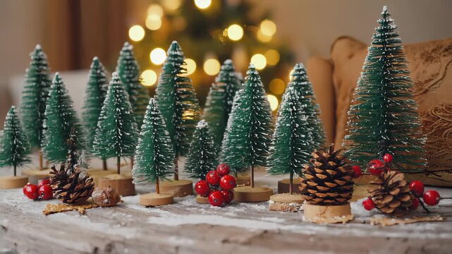 christmas miniatures on wooden table, small snowy pine trees and pinecones with red berries, cozy living room blurred in background