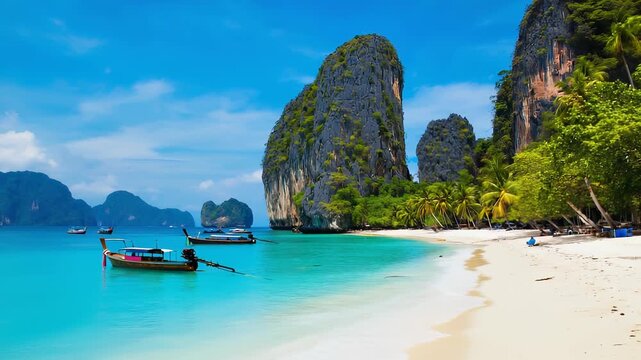 Tropical Paradise: Longtail Boats Moored in Turquoise Waters off a White Sand Beach in Thailand, Featuring Limestone Cliffs and Lush Vegetation