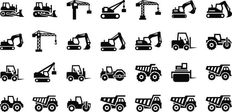 Collection of various construction vehicles and heavy machinery icons isolated on transparent background