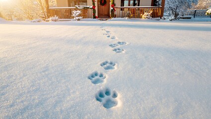 Peaceful Holiday Entryway with Paw Prints in Snow and Festive Door Decoration