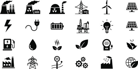 Collection of black energy and industry icons representing renewable and non renewable power sources isolated on transparent background