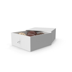 Assorted chocolate truffles in elegant white gift box for celebrations, isolated PNG