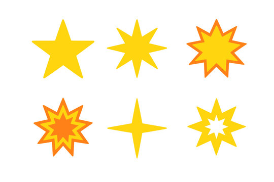 Collection of yellow and orange star shapes and sparkle symbols isolated on white