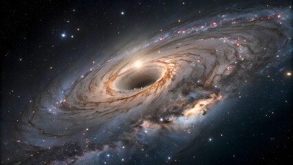 A mesmerizing depiction of a supermassive black hole, its event horizon warping spacetime, surrounded by a swirling accretion disk of superheated matter and energy