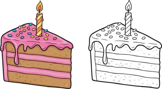 Cartoon Birthday Cake Slice with Candle and Sprinkles, Color and Black and White Outline