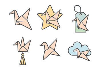 Set of six cute pastel origami paper cranes decorated with stars and clouds