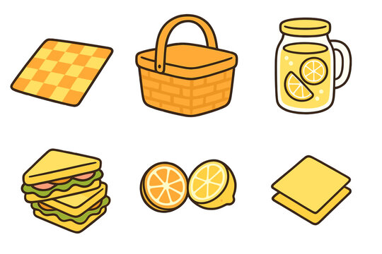 Picnic essentials set with basket, checkered blanket, lemonade, sandwiches, and citrus fruit