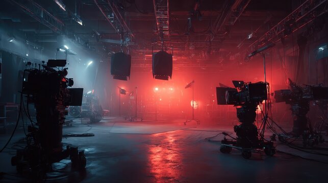 Film studio setup with lighting and cameras in preparation for a production during night hours