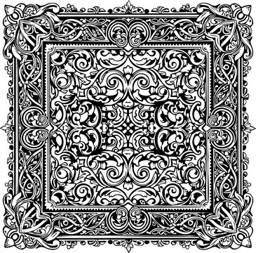 Intricate black and white ornamental pattern evoking classic elegance and timeless artistry, perfect for decorative projects.