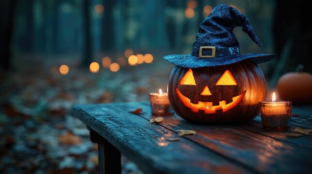 halloween background with candles, pumpkins, and a witch hat on a wooden table. space for text. award-winning detailed shot using a nikon z9 at f/2.8 aperture, 1/300 shutter speed