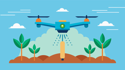 A drone being operated by a farmer eagerly watching as seeds are carefully dispersed across the field with accuracy and efficiency.. Vector illustration