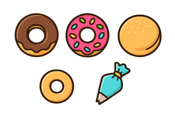 Obraz premium Assortment of sweet glazed donuts and bakery items with a pastry decorating tool