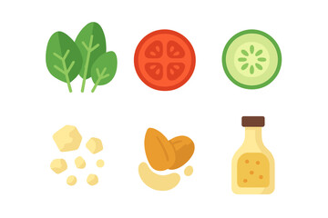 Collection of fresh salad ingredients including spinach tomato cucumber cheese nuts and dressing bottle