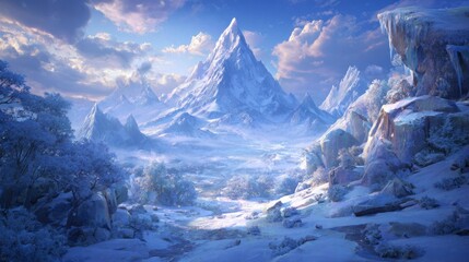 Majestic Snowy Mountain Landscape with Icy Peaks and Frosted Forest