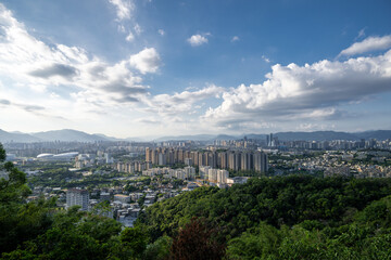 A Harmonious Blend of Urban Panorama and Natural Landscape Viewed from a Hilltop with Lush Greenery and Modern Buildings Under a Cloudy Sky
