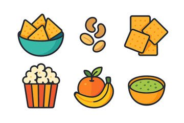 Popular snack foods including chips, nuts, crackers, popcorn, fruit, and dip served at a party