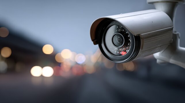 Security camera with blurred city lights capturing evening activity in urban environment