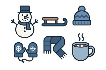 Snowman sled warm hat mittens scarf and hot beverage icons for winter season