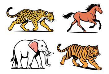 Cheetah, Horse, Elephant, and Tiger Walking in Wildlife Composition