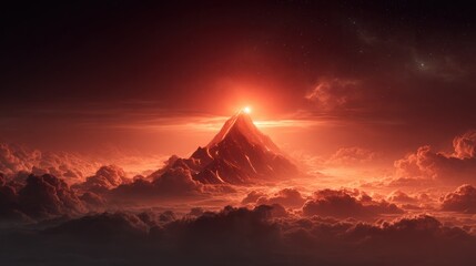 Majestic Volcanic Mountain Peak Surrounded by Dramatic Clouds During Sunset with Warm Orange and Red Tones