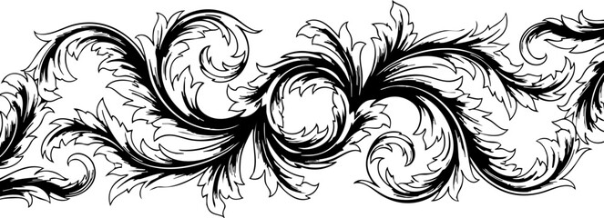 Elegant black and white baroque flourish border design adding ornate decorative detail to invitations, stationery, and luxury branding projects with timeless artistry.