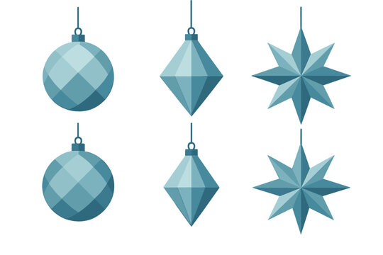 Collection of six modern geometric holiday decorations rendered in cool blue tones against a white background
