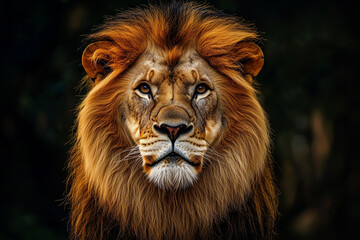Fototapeta premium Majestic Lion Close-Up Portrait on Black Background – Symbol of Power, Strength, and Nobility
