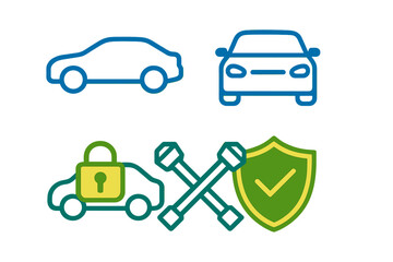 Automotive service and repair symbols featuring car security lock, vehicle outline, tools, and protection shield