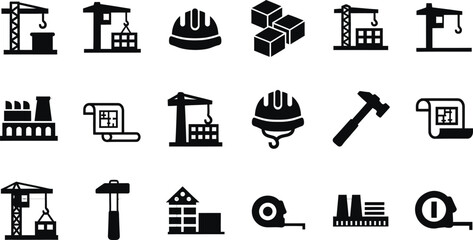 Collection of construction industry icons representing building elements tools and equipment isolated on transparent background