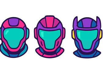 Three vibrant futuristic sci-fi helmets featuring neon pink purple and teal colors for gaming design