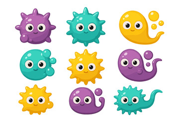 Nine cute germs and microbes characters in purple, teal, and yellow colors