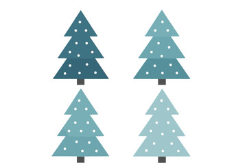 Four stylized geometric Christmas trees decorated with white dots in various shades of blue and teal colors