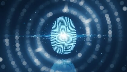 Digital fingerprint icon symbolizing biometric authentication and identity protection, glowing blue lines and circles conveying secure access, modern cyber security technology