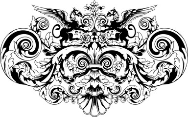 Majestic ornate heraldic crest featuring griffins and intricate baroque flourishes for luxury branding and vintage design projects