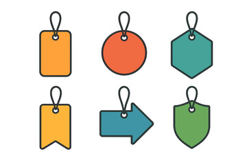 Colorful collection of blank price tags and labels in various geometric shapes for retail marketing and promotion