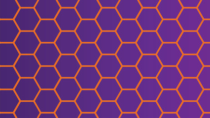 Modern geometric honeycomb background with orange hexagonal lines over a vibrant purple gradient. Ideal for tech designs, digital art, futuristic layouts, and abstract creative projects.