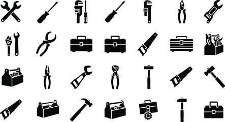 Collection of various hand tools and toolboxes in a grid pattern isolated on transparent background