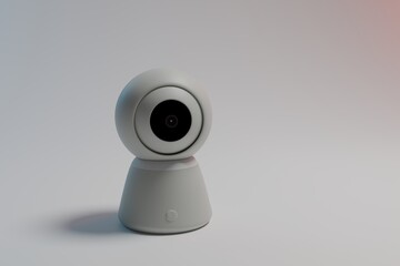3D render of a modern security camera on white background, Clean 3D design.