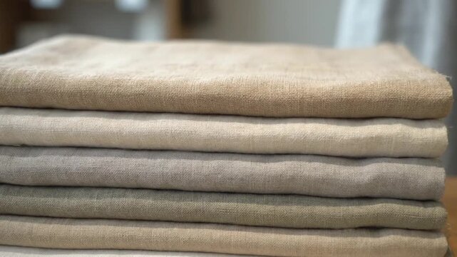 A neatly folded stack of natural linen fabrics in various muted pastel and earthy tones.