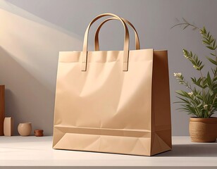 Tan shopping bag stands on a white surface with light and plant