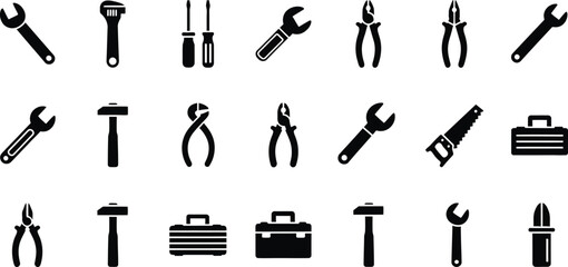Collection of various hand tools and toolboxes in silhouette isolated on transparent background