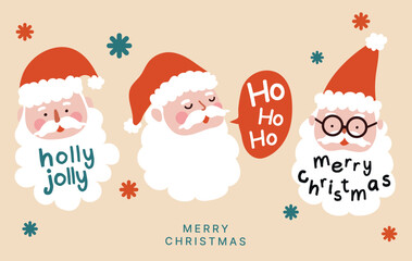 Three cute illustration Santa Claus faces character design with Christmas quotes Holly Jolly, Ho Ho Ho,and Merry Christmas. Festive hand-drawn holiday design.