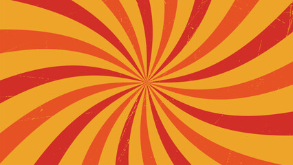 Vibrant retro sunburst background with orange and red spiral rays radiating from the center. 