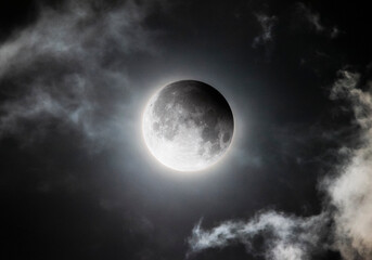 Partial Eclipse of the Moon in Cloudy Night Sky