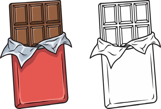 Sweet chocolate bar in wrapper cartoon illustration with outline coloring book template on white background