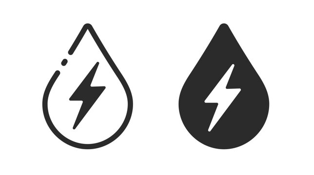 Water electrical energy power icon, hydropower electricity sign symbol pictogram line stroke outline, hydroelectric technology logo set, liquid drop with lightning thunderbolt image clip art
